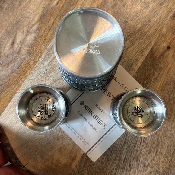Vtg 70s KIRK STIEFF Pewter Cups German Scenes Shot Glasses & Cup 3-Piece Set Bar - Picture 7 of 16